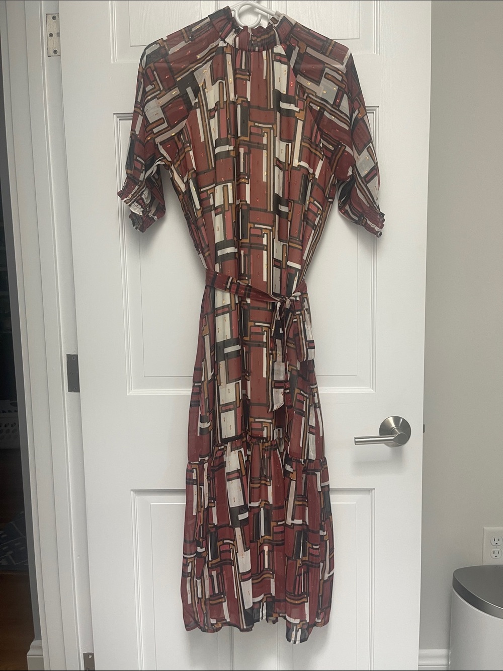 Brass Clothing Mondrian inspired Print Midi Dress with Self-Tie Waist - sz M
